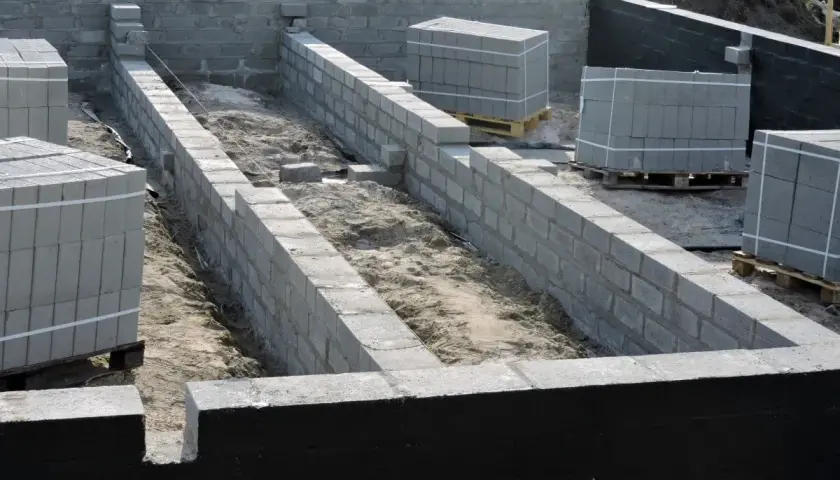 Budowa fundamentów z bloczków betonowych, przygotowanie pod ocieplanie fundamentów. Materiały budowlane czekają na użycie.