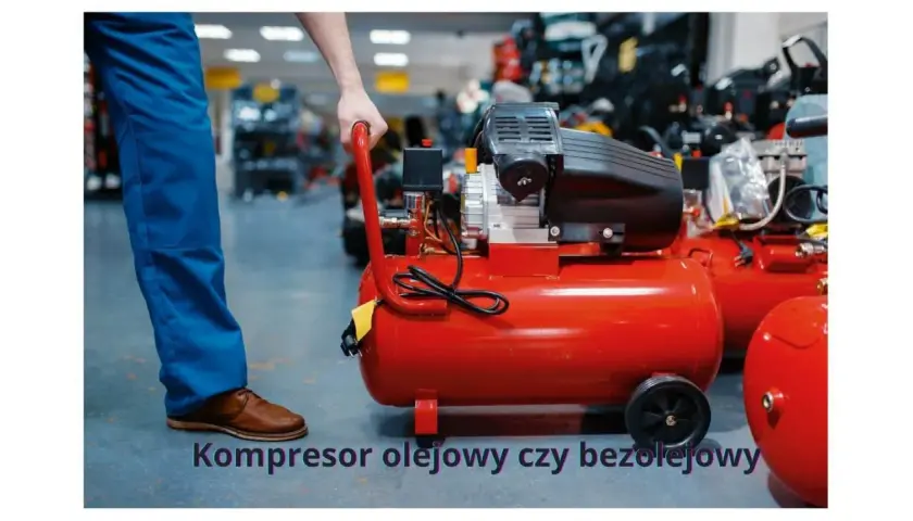 Czerwony kompresor olejowy czy bezolejowy? Mężczyzna w niebieskich spodniach przygotowuje się do pracy z urządzeniem.