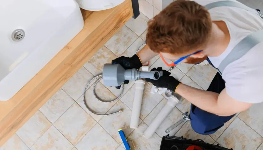 Hydraulik z przepychaczem rur przy umywalce.