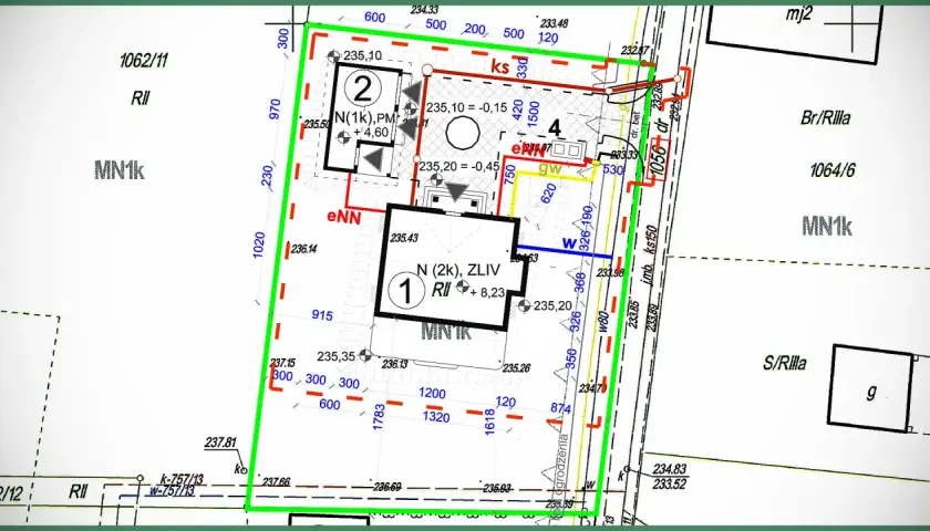 Mapa do celów projektowych cena: szczegółowy plan działki z oznaczeniami budynków, granic i wysokości.