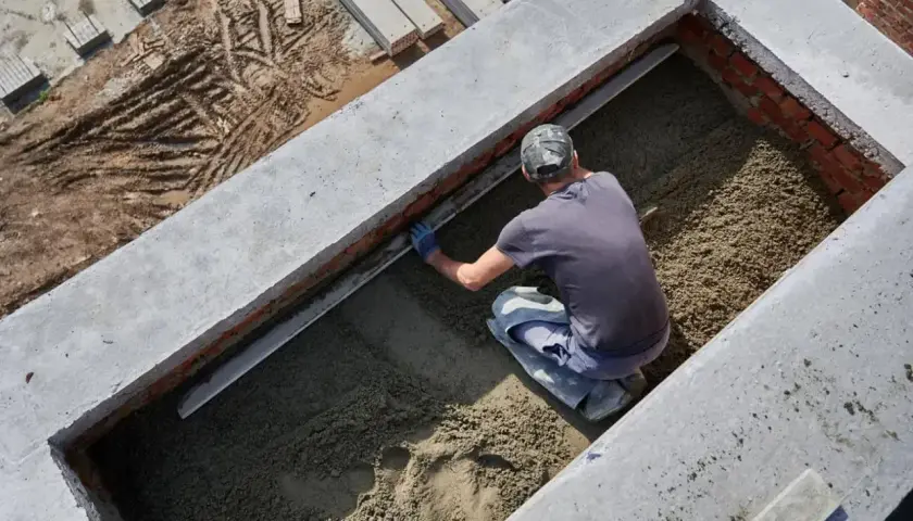 Budowlaniec wyrównuje masę betonową w wykopie. Widać ślady opon na ziemi obok.