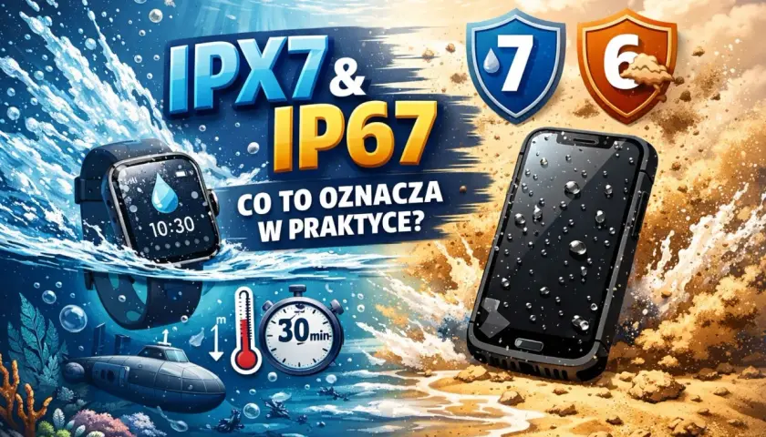 Smartwatch i smartfon z certyfikatem IP67 zanurzone w wodzie, gotowe na przygody.