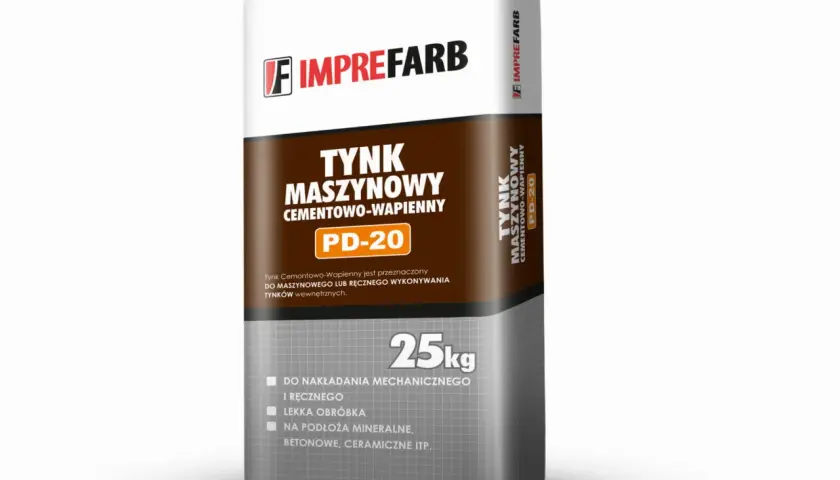Worek z tynkiem maszynowym cementowo-wapiennym PD-20 marki Imprefarb. Idealny do nakładania mechanicznego i ręcznego.