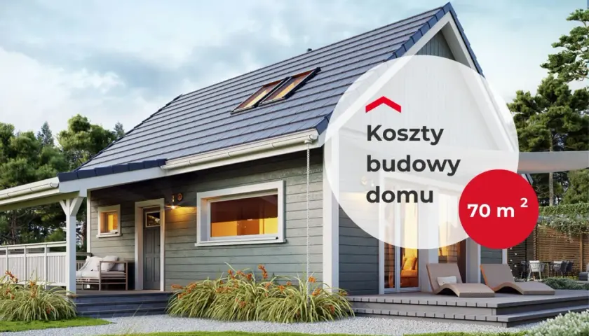 Koszty budowy domu 70m2 pod klucz. Nowoczesny, parterowy dom z tarasem i dużymi oknami.