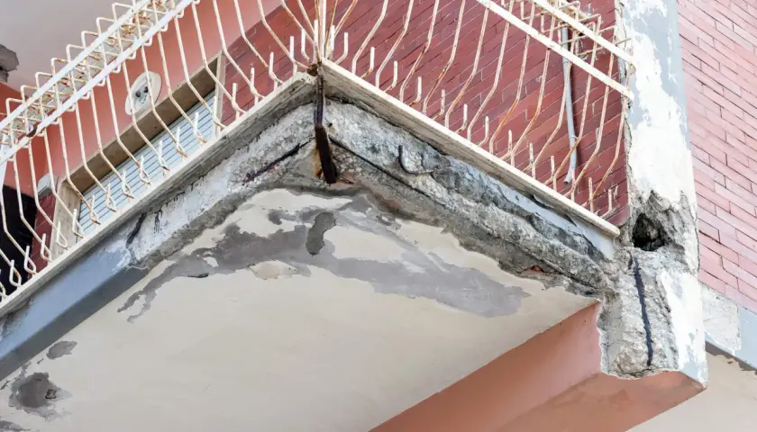 Zniszczony balkon z widocznymi ubytkami w betonie i zardzewiałym zbrojeniem. Idealne miejsce, by zastanowić się, czym uzupełnić ubytki w betonie na zewnątrz.