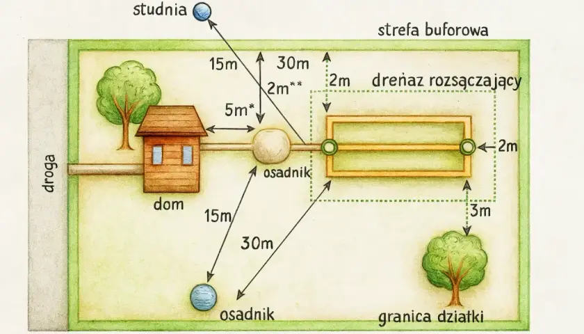 Schemat przydomowej oczyszczalni ścieków. Pokazuje odległości od domu, studni i granicy działki do osadnika i drenażu rozsączającego.