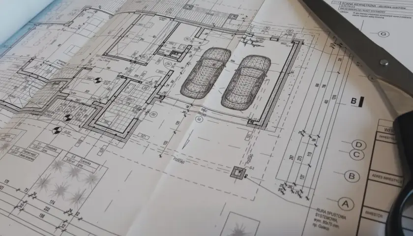 Szare nożyczki przecinają szczegółowy projekt budowlany domu z garażem.