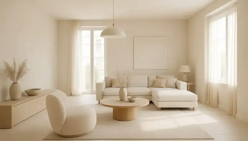 Jasny salon w odcieniach koloru piaskowego. Duża, narożna sofa, okrągły stolik kawowy i puszysty fotel tworzą przytulną przestrzeń.