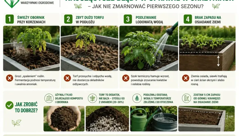 Poradnik o uprawie warzyw w skrzyniach: unikanie błędów z nawożeniem, podlewaniem i osiadaniem ziemi.