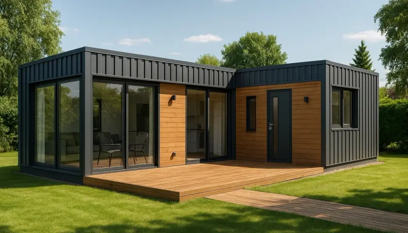 Nowoczesny dom z kontenerów 100m2 cena. Elegancka bryła z drewnianą elewacją i dużymi przeszkleniami, otoczona zielonym ogrodem.
