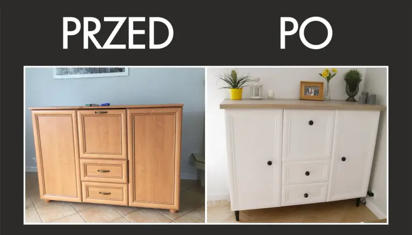 Przed i po metamorfozie drewnianej komody: stara, jasnobrązowa i odnowiona, biała.