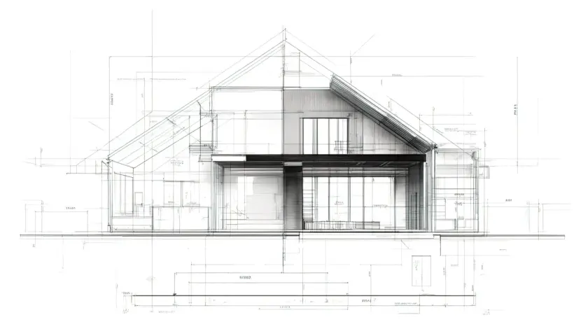 Szkic architektoniczny przedstawiający przekrój domu z widoczną elewacją frontową, wymiarami i detalami konstrukcyjnymi.