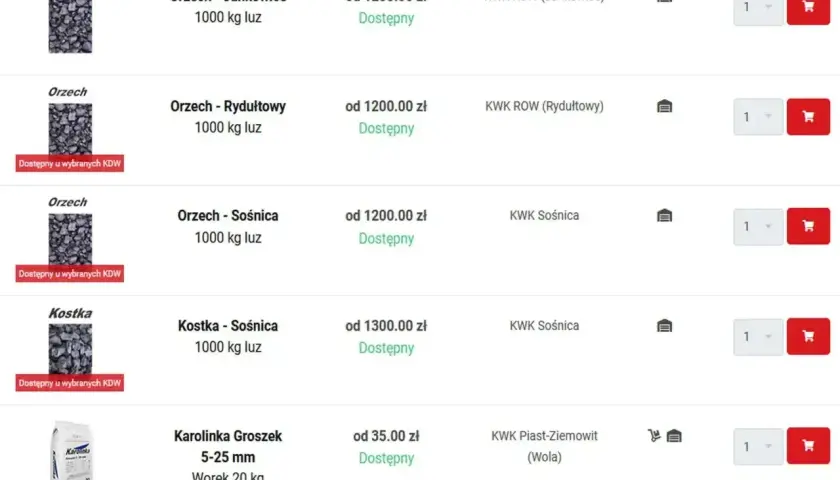 Ceny węgla: Orzech Jankowice od 1250 zł/tona, Rydultowy od 1200 zł/tona, Sośnica od 1200 zł/tona. Kostka Sośnica od 1300 zł/tona.