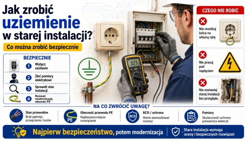 Jak zrobić uziemienie w starej instalacji? Elektryk sprawdza instalację multimetrem, pokazuje bezpieczne kroki i czego unikać.