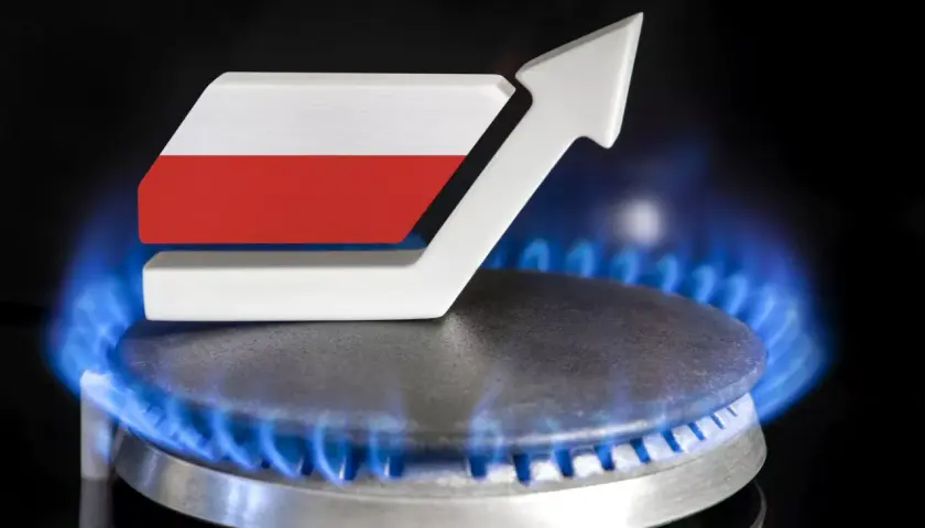 Wzrost pgnig cena gazu za m3. Biała strzałka z polską flagą na tle płomieni gazowych symbolizuje rosnące koszty.