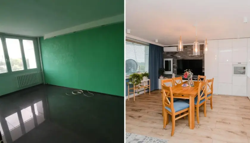 Przed i po metamorfozie mieszkania w bloku z wielkiej płyty. Z zielonego, pustego pokoju do przytulnej jadalni z nowoczesną kuchnią.
