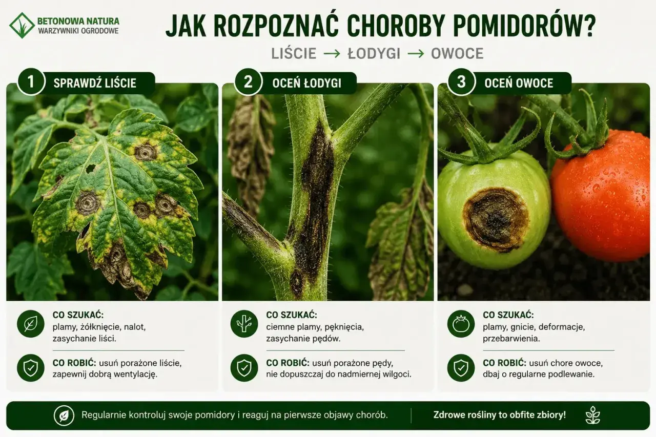 Plamy, żółte przebarwienia i zasychanie liści to objawy chorób pomidorów. Na zdjęciu widać uszkodzone liście, łodygi i owoce.