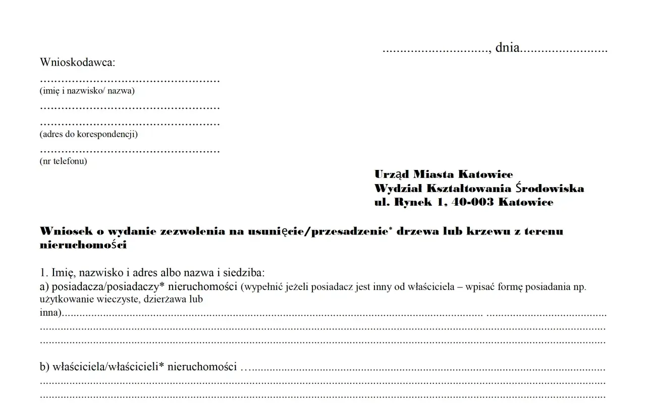 Fragment wniosku o zezwolenie na usunięcie drzewa/krzewu z terenu nieruchomości.