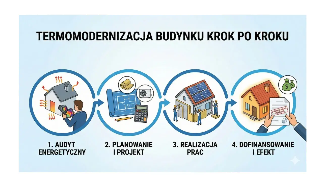 Ilustracja przedstawia 4 etapy termomodernizacji budynku: audyt energetyczny, planowanie, realizację prac i dofinansowanie.