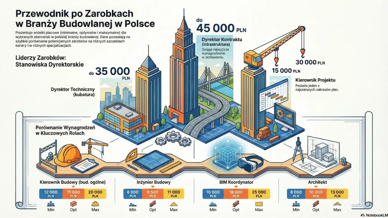 Kierownik budowy zarabia od 12 000 do 20 000 PLN. Infografika porównuje zarobki w branży budowlanej.