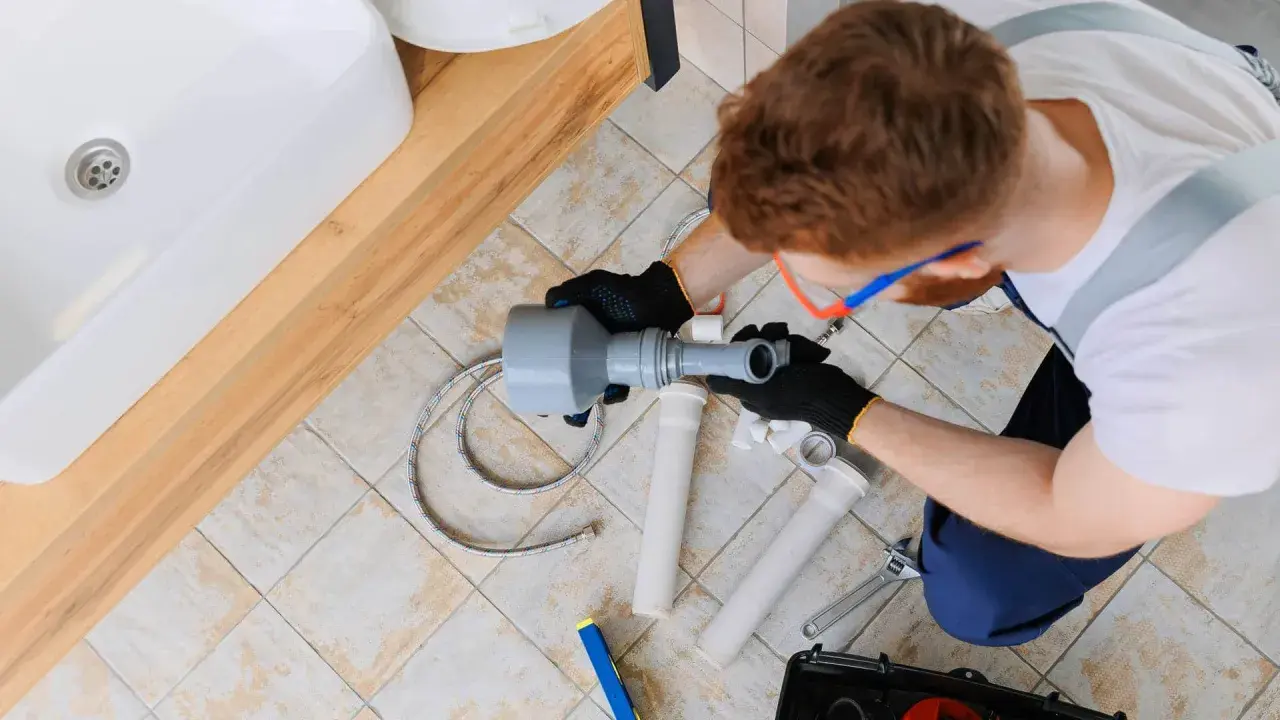 Hydraulik z przepychaczem rur przy umywalce.