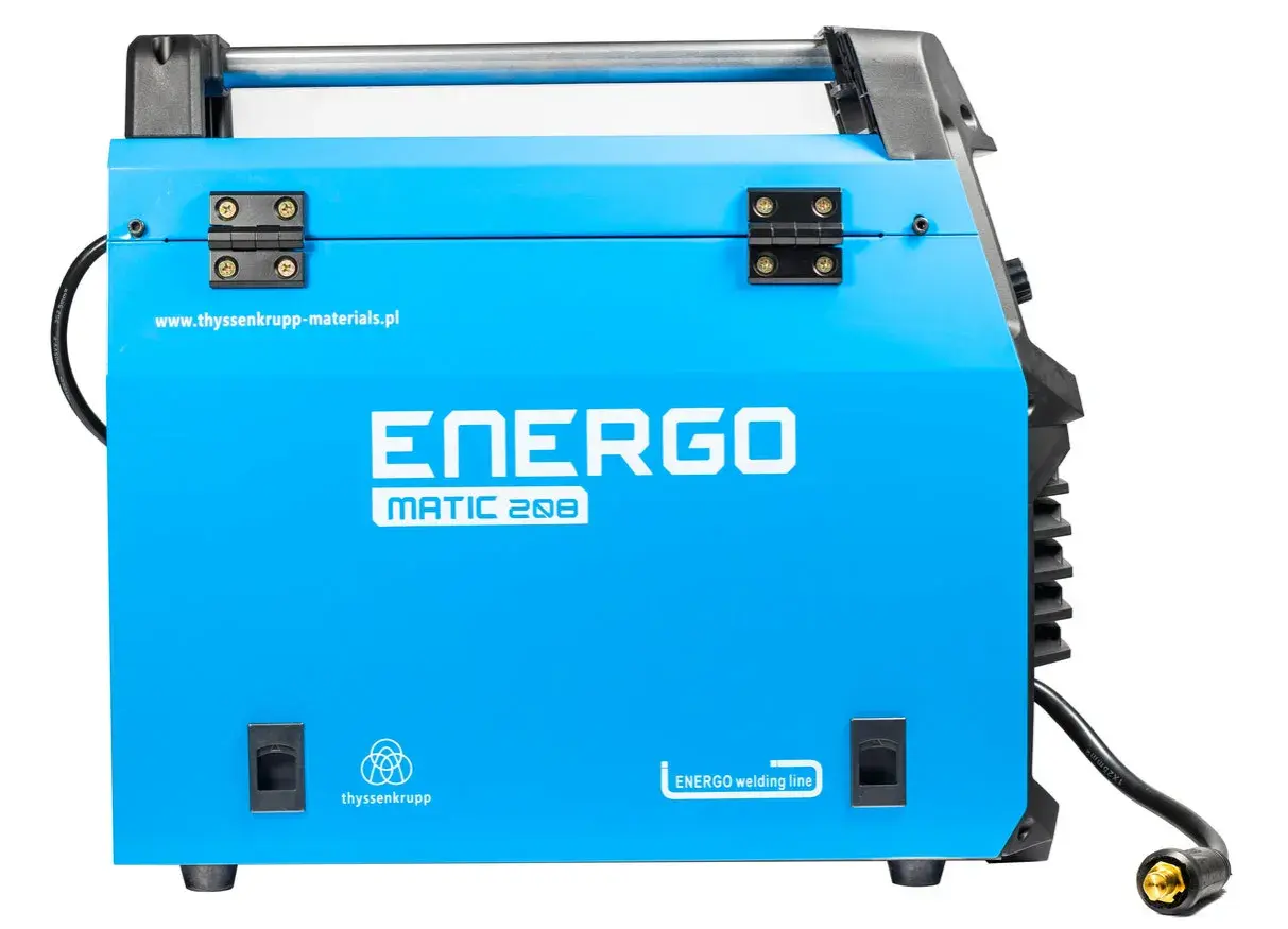 Niebieska spawarka ENERGO MATIC 208 z uchwytem i widocznym kablem.