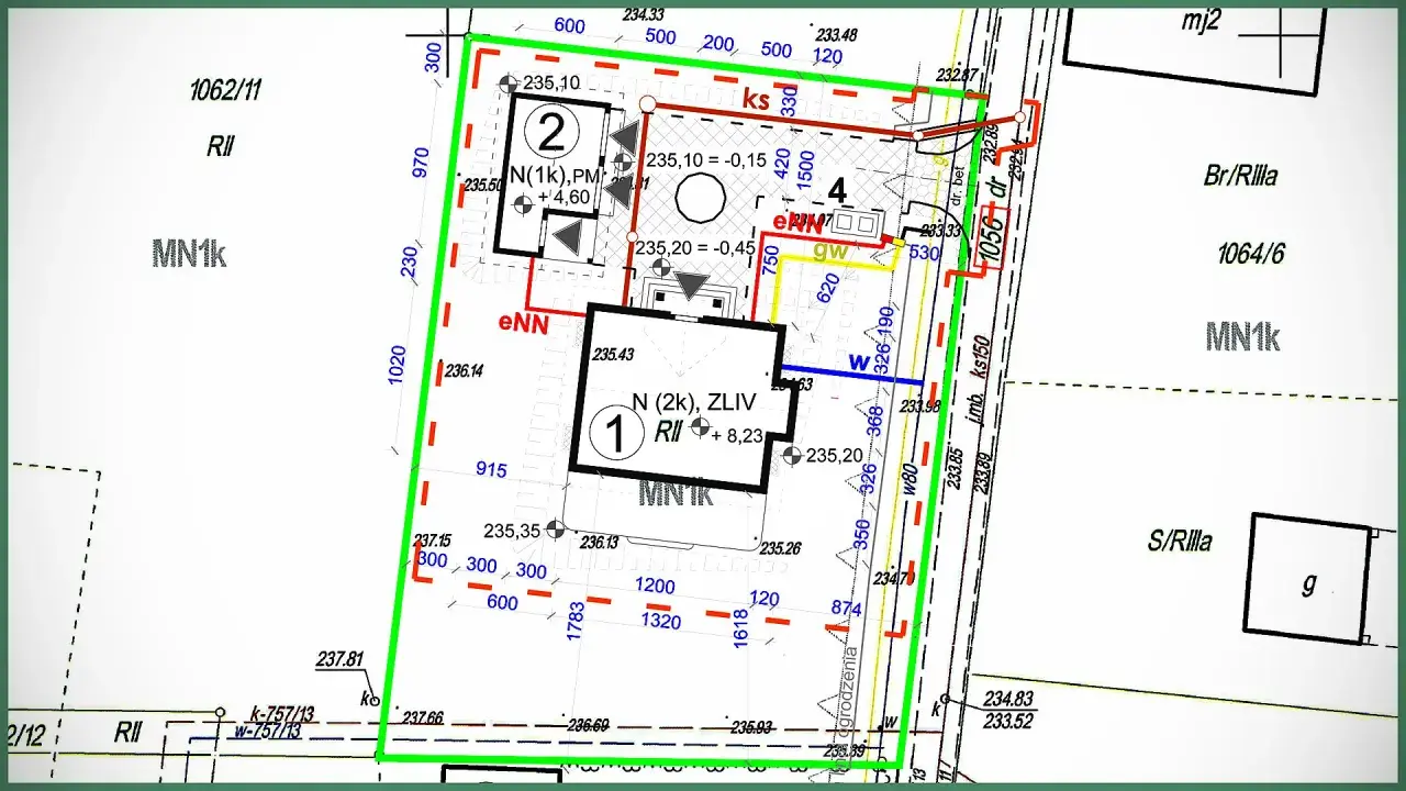 Mapa do celów projektowych cena: szczegółowy plan działki z oznaczeniami budynków, granic i wysokości.