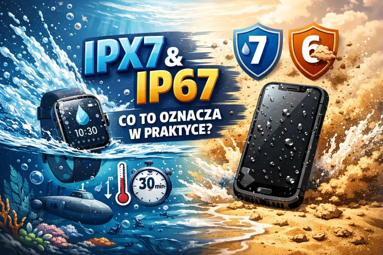 Smartwatch i smartfon z certyfikatem IP67 zanurzone w wodzie, gotowe na przygody.