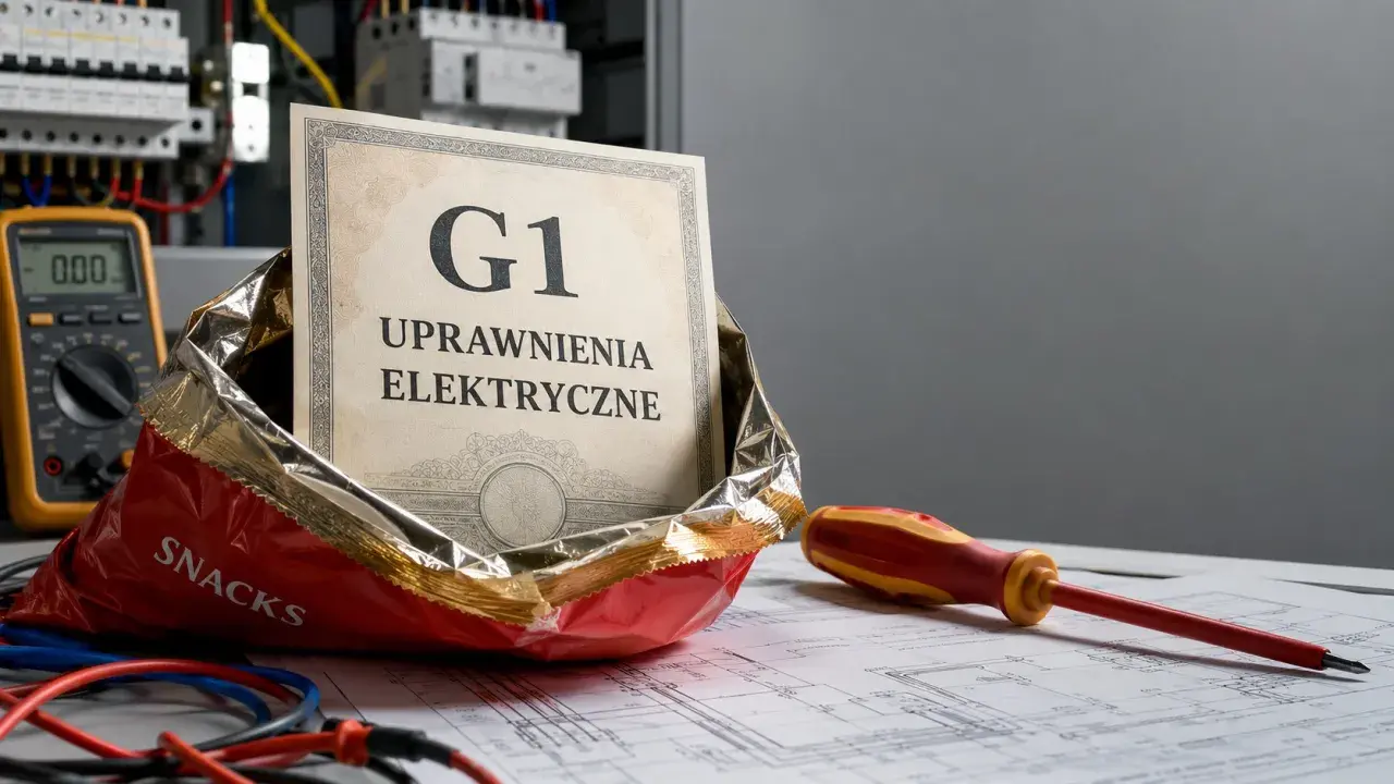 Certyfikat "G1 Uprawnienia Elektryczne" w paczce chipsów, obok multimetru i śrubokręta.