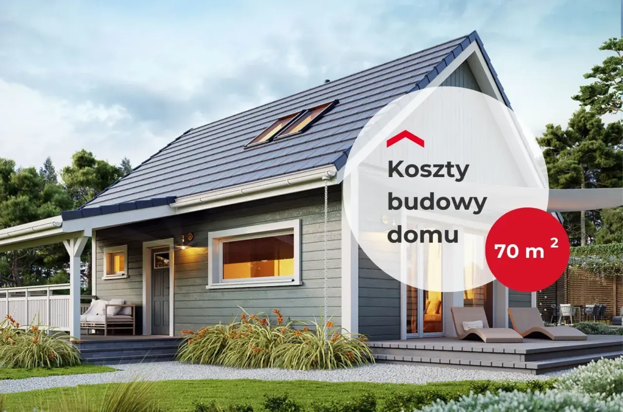 Koszty budowy domu 70m2 pod klucz. Nowoczesny, parterowy dom z tarasem i dużymi oknami.