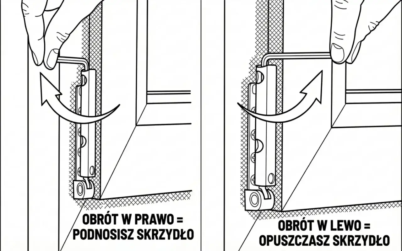 Ilustracja pokazuje regulację zawiasu okiennego kluczem imbusowym. Obrót w prawo podnosi skrzydło, w lewo opuszcza.