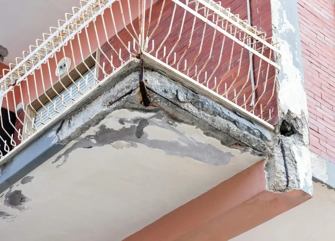 Zniszczony balkon z widocznymi ubytkami w betonie i zardzewiałym zbrojeniem. Idealne miejsce, by zastanowić się, czym uzupełnić ubytki w betonie na zewnątrz.