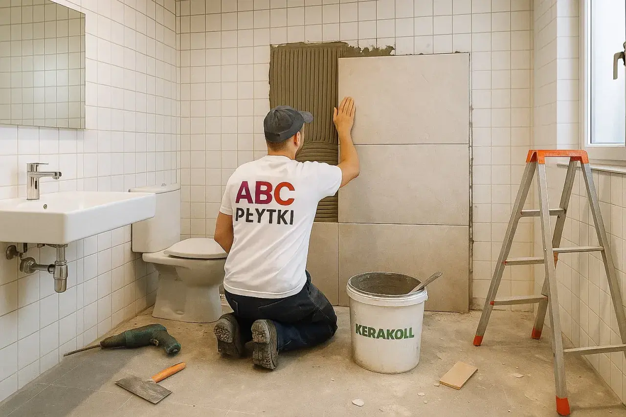 Fachowiec z koszulką "ABC PŁYTKI" układa płytki na płytki w łazience. Obok wiadro z zaprawą i drabina.