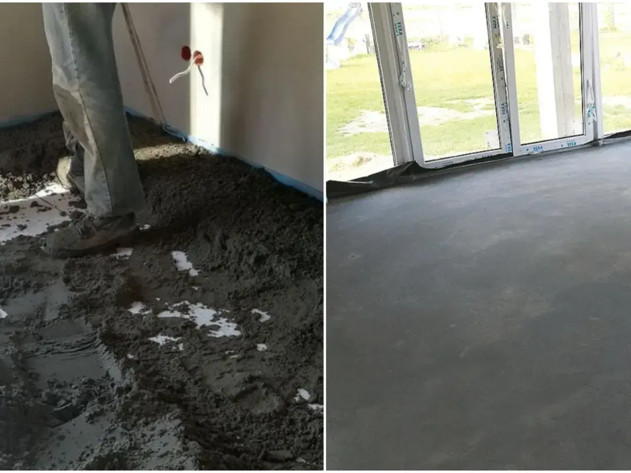 Prace budowlane: wylewanie chudego betonu na podłogę, a następnie gotowa, gładka posadzka.