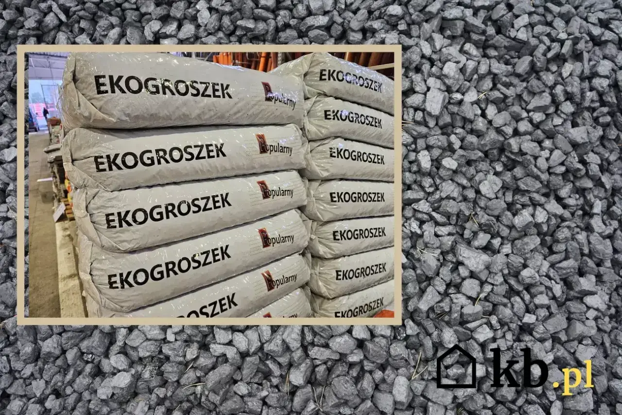 Stos worków z napisem "EKOGROSZEK" na tle węgla. Sprawdź aktualną eko groszek cena i wybierz najlepszą ofertę.