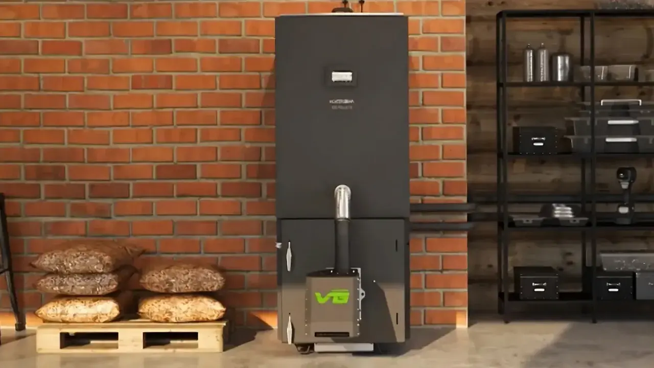 Nowoczesny piec na pellet z zielonym logo, obok palety z workami pelletu. Dofinansowanie do pieca na pellet może być Twoje!