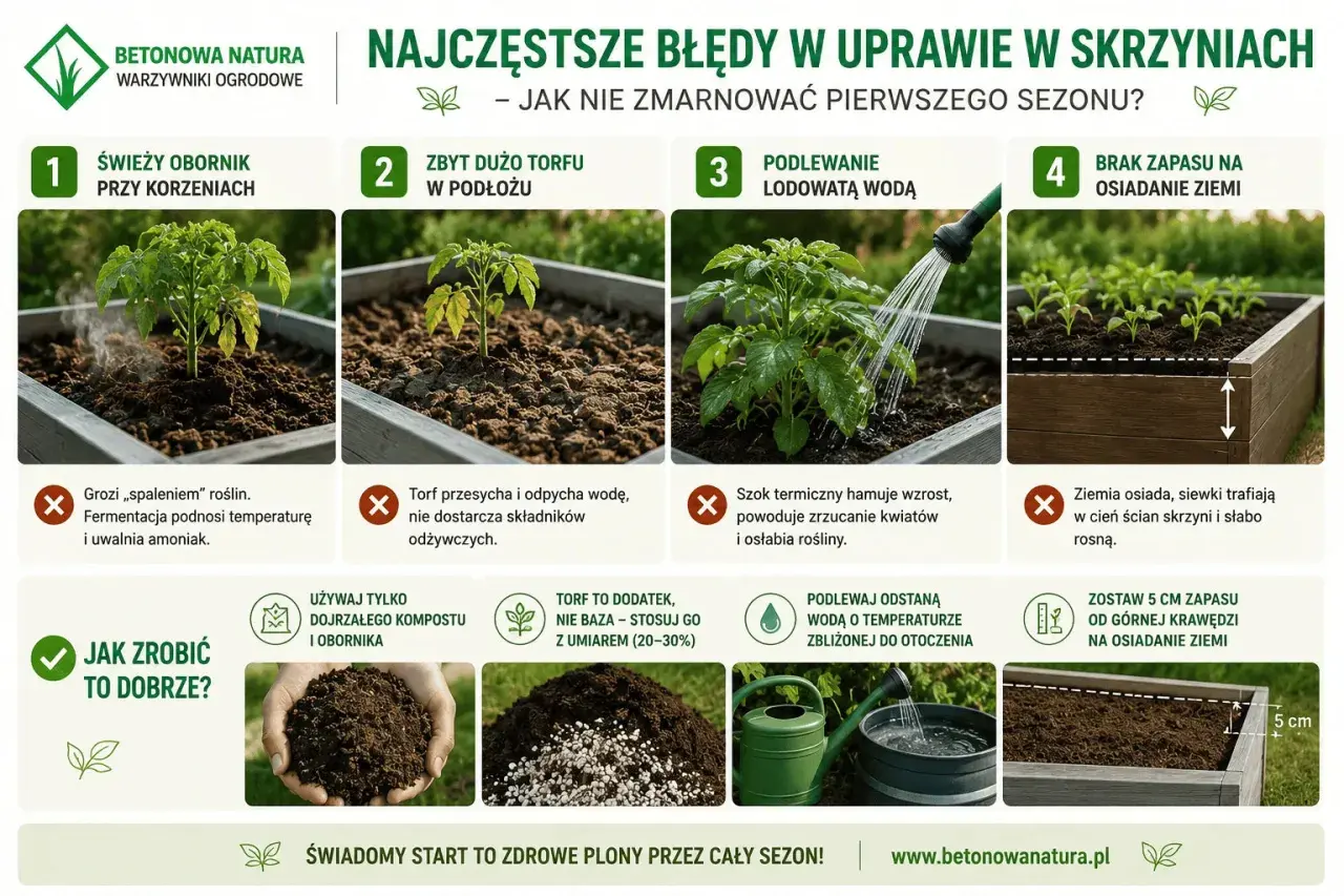 Poradnik o uprawie warzyw w skrzyniach: unikanie błędów z nawożeniem, podlewaniem i osiadaniem ziemi.