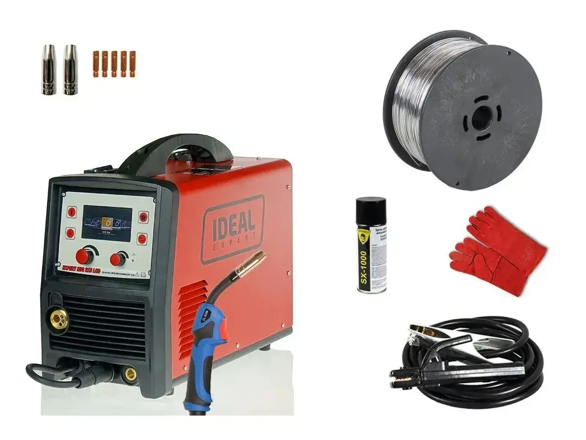 Spawarka IDEAL EXPERT z akcesoriami: drut, rękawice, spray. Powermat to firma oferująca sprzęt spawalniczy.
