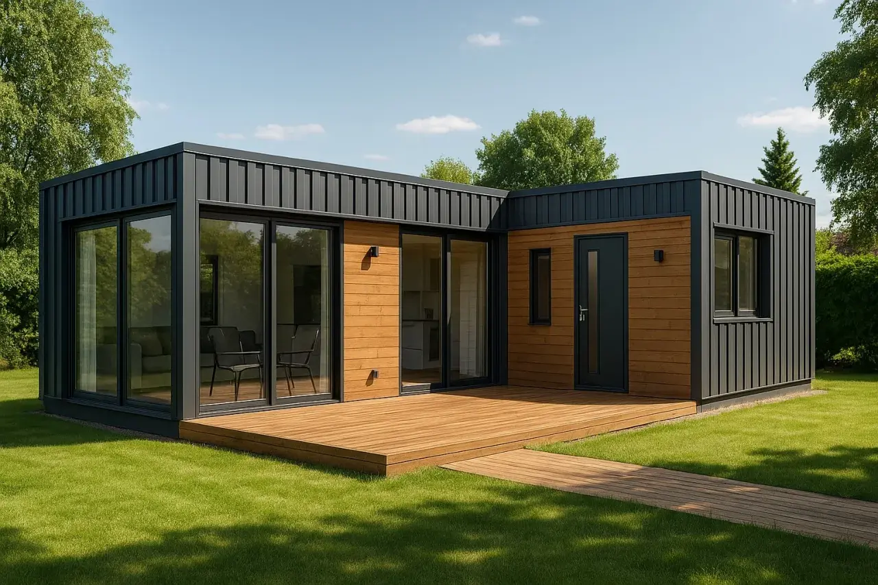 Nowoczesny dom z kontenerów 100m2 cena. Elegancka bryła z drewnianą elewacją i dużymi przeszkleniami, otoczona zielonym ogrodem.