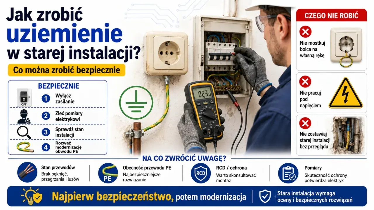 Jak zrobić uziemienie w starej instalacji? Elektryk sprawdza instalację multimetrem, pokazuje bezpieczne kroki i czego unikać.