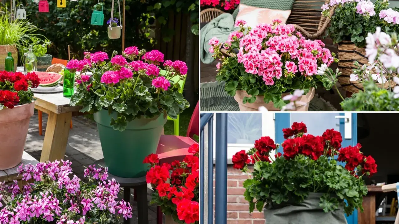 Pelargonia Calliope w donicach zdobią taras i wejście do domu. Krwistoczerwone i różowe kwiaty tworzą barwne kompozycje.
