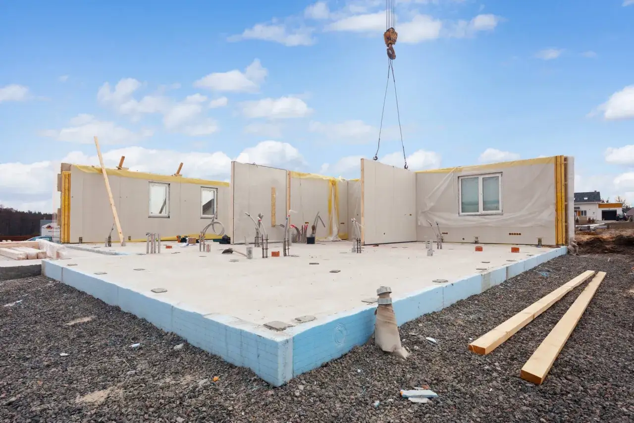 Budowa domu z keramzytu. Wady? Widoczne elementy konstrukcyjne, instalacje i fundamenty. Dźwig podnosi panel.
