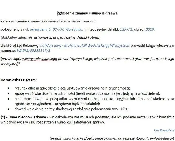 Wniosek zgłoszenie wycinka drzewa