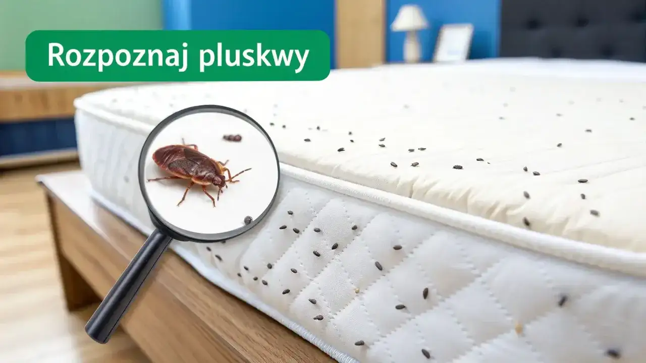 Na materacu widoczne są liczne pluskwy i ich odchody. Lupa powiększa jednego z owadów, pokazując jego szczegóły.