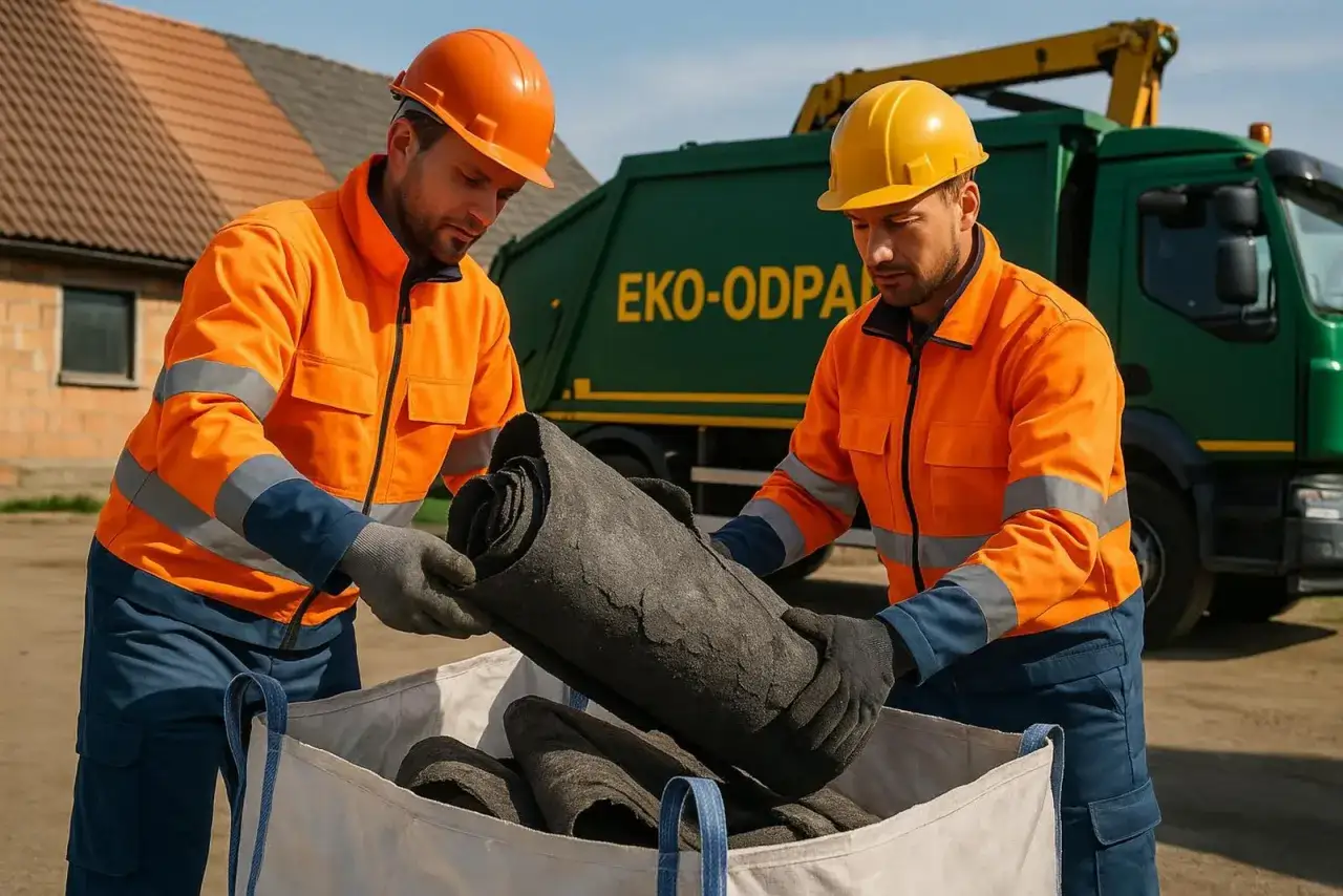 Dwóch pracowników w pomarańczowych kurtkach i kaskach wkłada zrolowaną papę do worka. Za nimi zielona śmieciarka z napisem