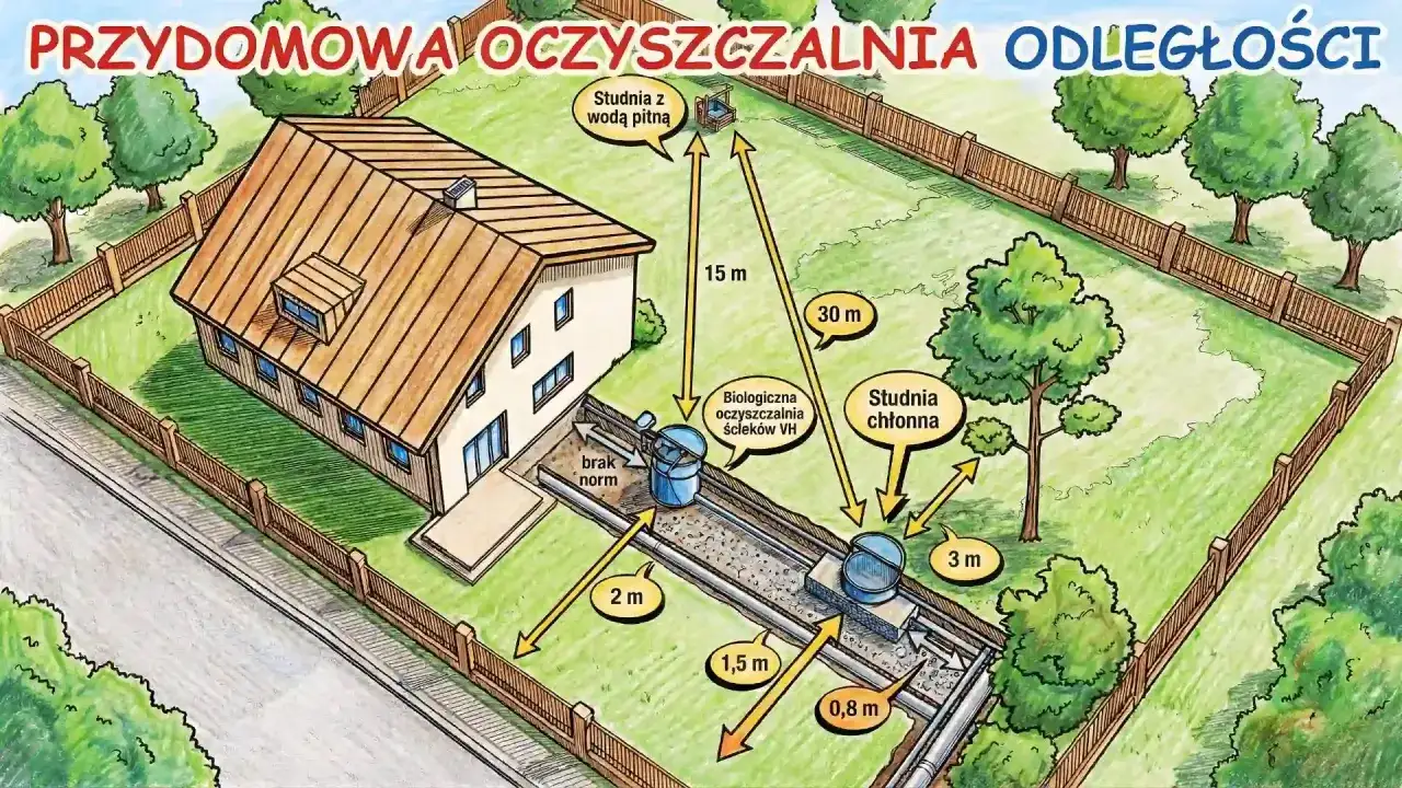 Schemat przydomowej oczyszczalni ścieków z zaznaczonymi odległościami od domu, studni z wodą pitną i studni chłonnej.