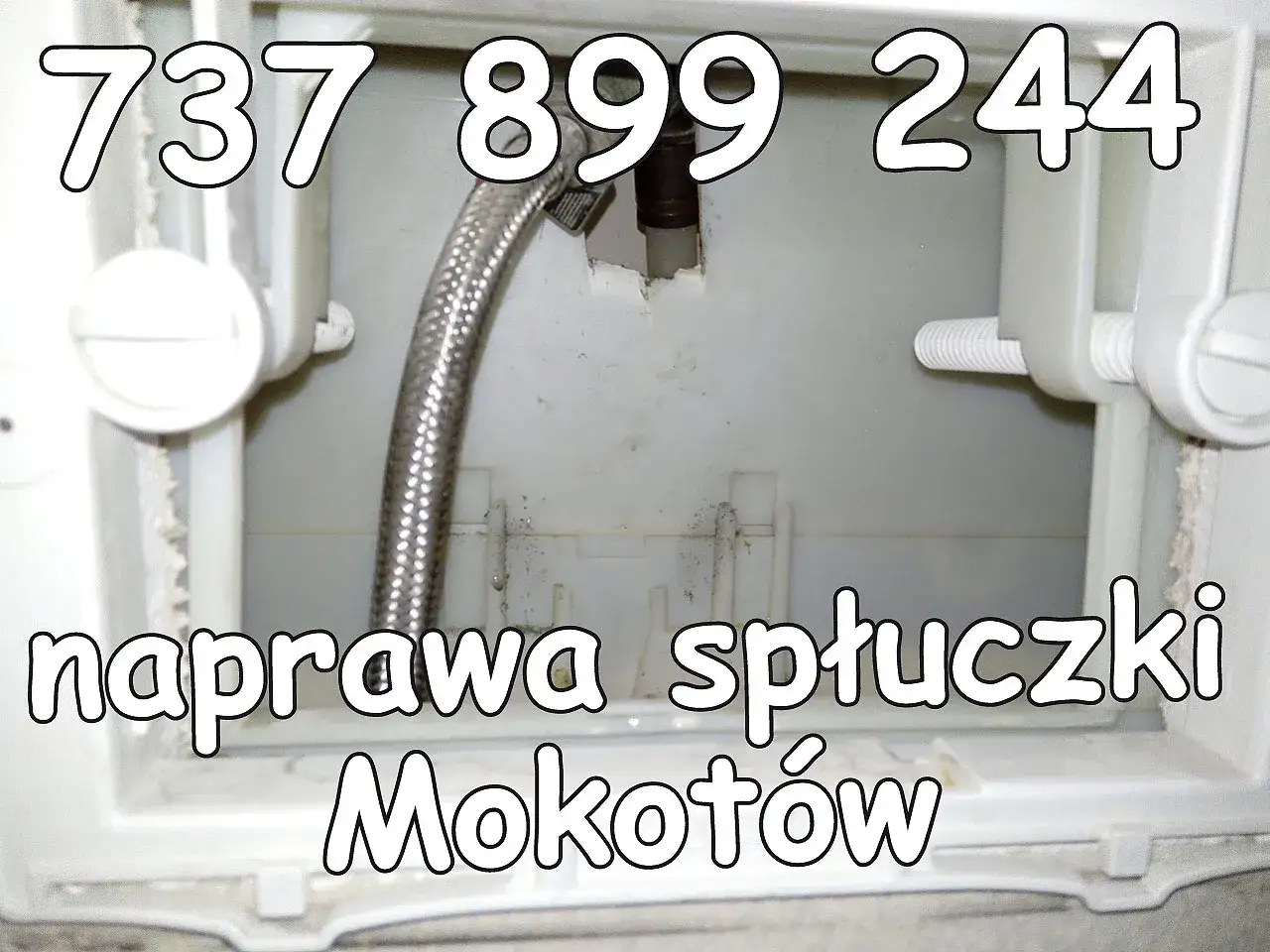 Naprawa spłuczki podtynkowej. Widać wnętrze mechanizmu, gdzie leci woda. Telefon 737 899 244.