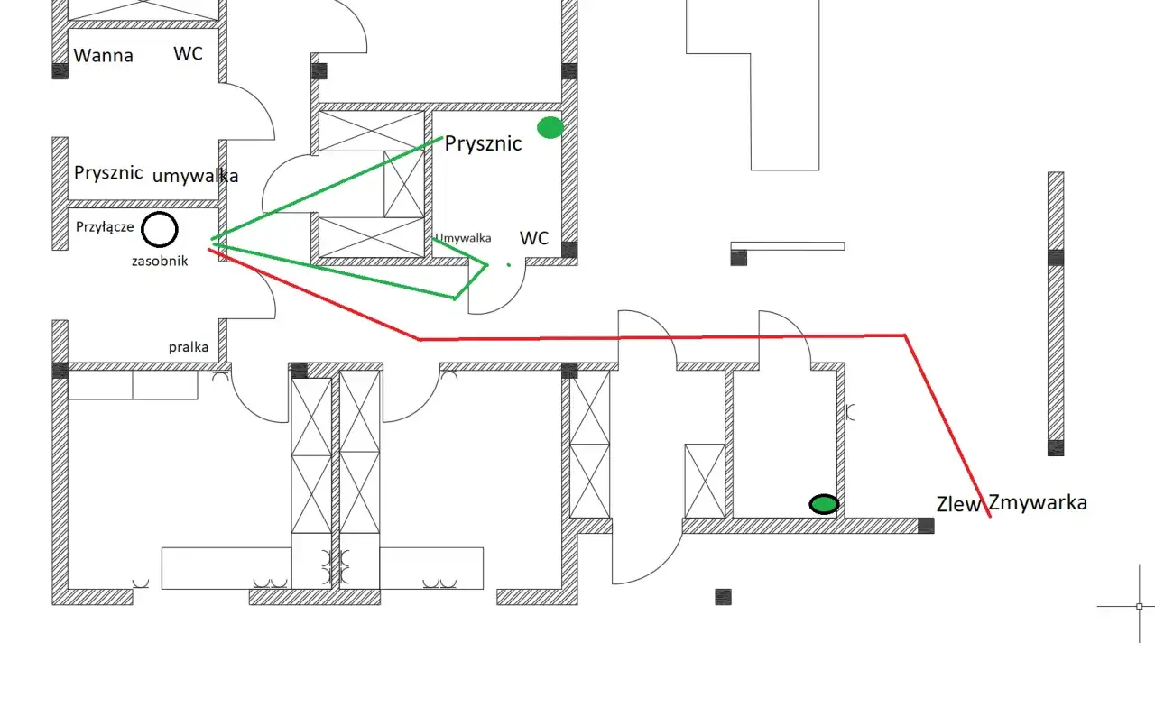 Schemat instalacji wodnej: prysznic, umywalka, pralka, zlew zmywarki. Określenie punktu hydraulicznego, cena robocizny.
