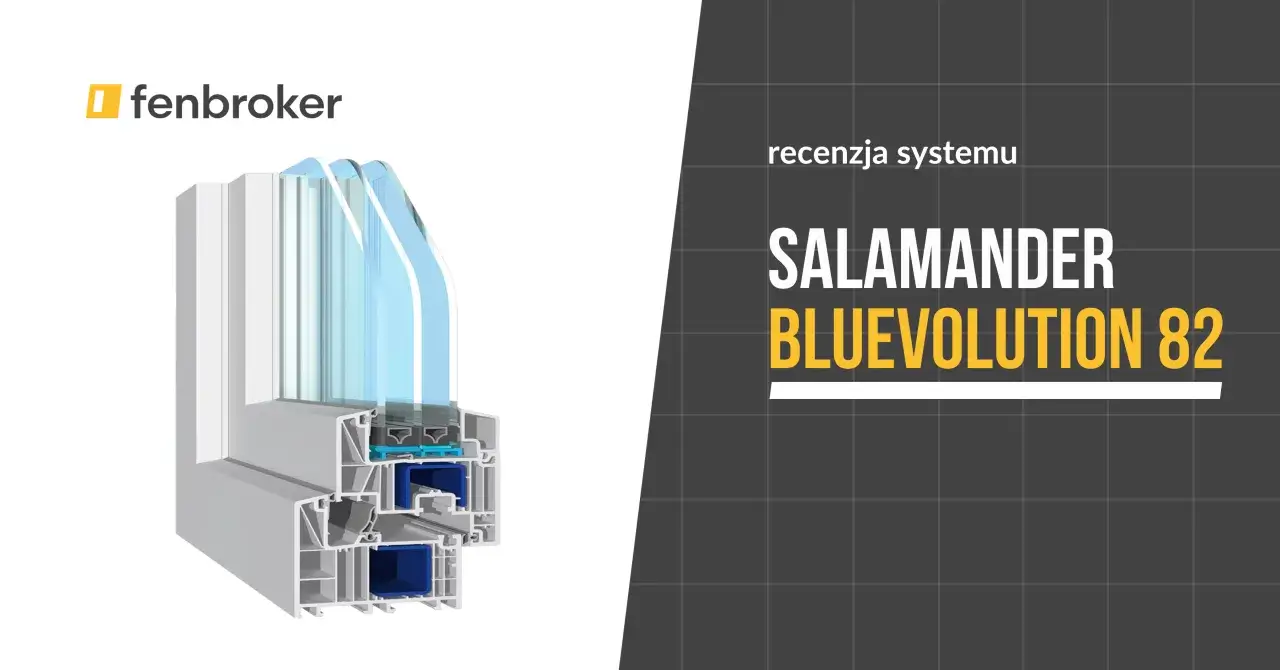 Przekrój okna Salamander Bluevolution 82, ukazujący jego wielokomorową konstrukcję i potrójne szyby.