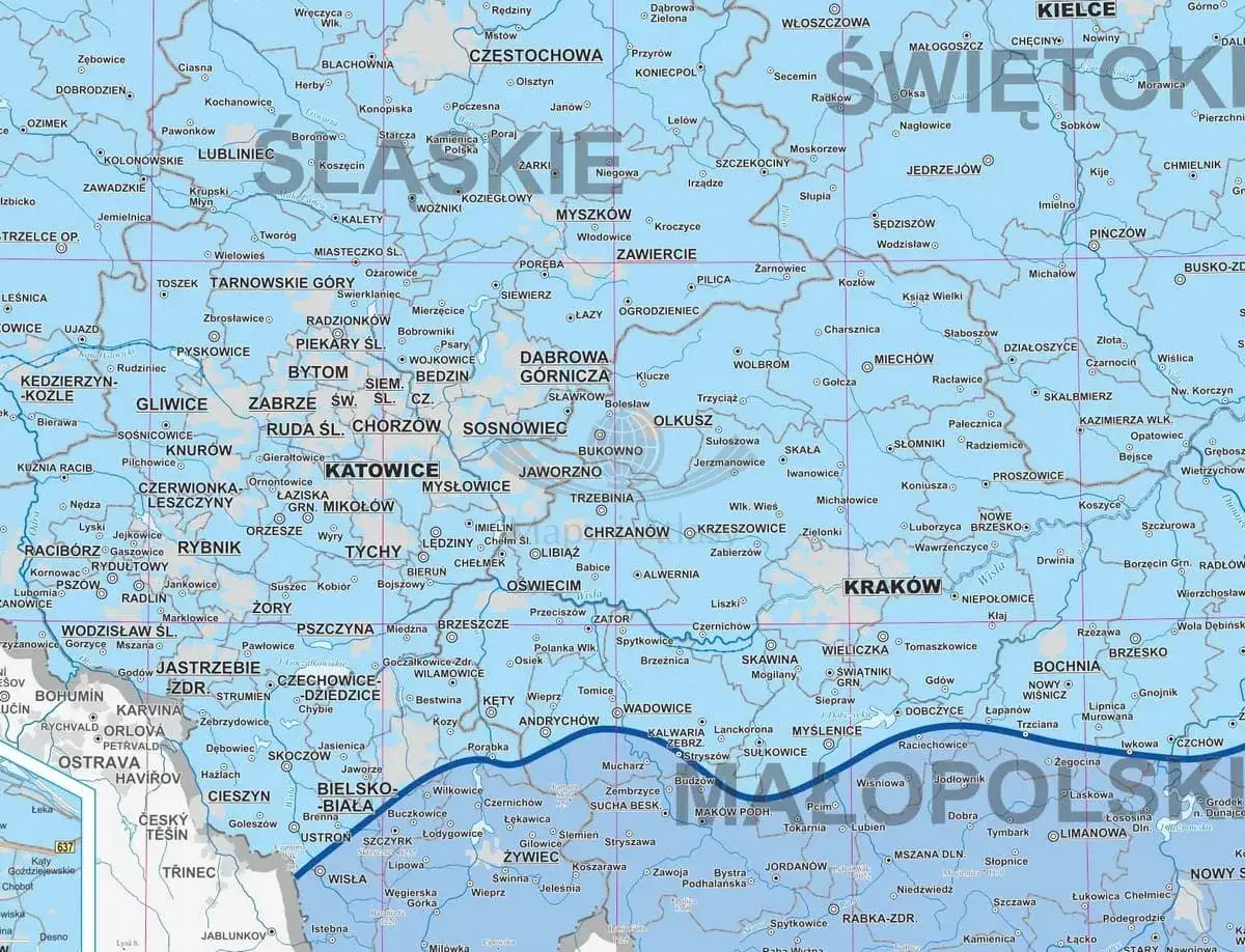 Mapa Polski z zaznaczonymi miastami. Widać m.in. Katowice, Kraków, Kielce. Obszar Śląska jest wyraźnie oznaczony, sugerując jego znaczenie. To mapa, która pomaga zrozumieć strefę przemarzania w Polsce.